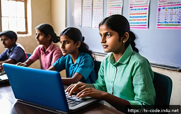 코딩교육지도사와 미래 사회에서의 역할 - A vibrant classroom scene in an Indian school where a diverse group of students wearing casual cloth...