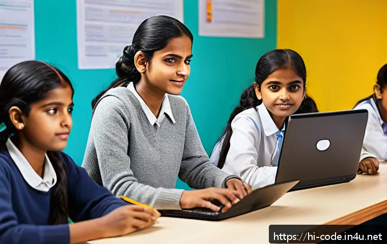 코딩교육지도사와 관련된 최신 교육 정책 - A modern Indian classroom scene focused on coding education, featuring a diverse group of enthusiast...