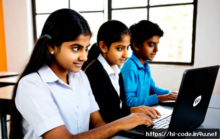 Home 30 코딩교육지도사와 디지털 전환 시대의 교육 - Photorealistic modern Indian classroom, a confident female coding education instructor guiding a div...