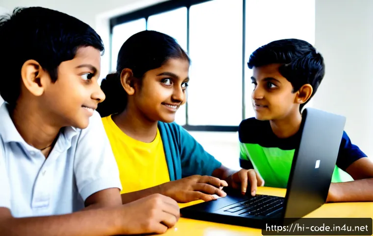 코딩교육지도사와 학습 경험 디자인 - Photorealistic Indian coding education mentor guiding a small group of Hindi-speaking teenage studen...