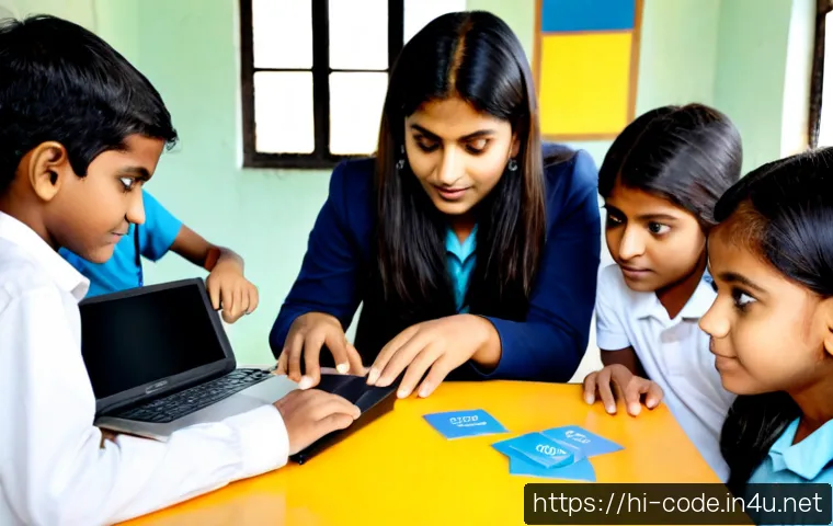 코딩교육지도사와 학습 자료 개발 사례 - Photorealistic Indian coding education instructor guiding a small group of Hindi-speaking school stu...